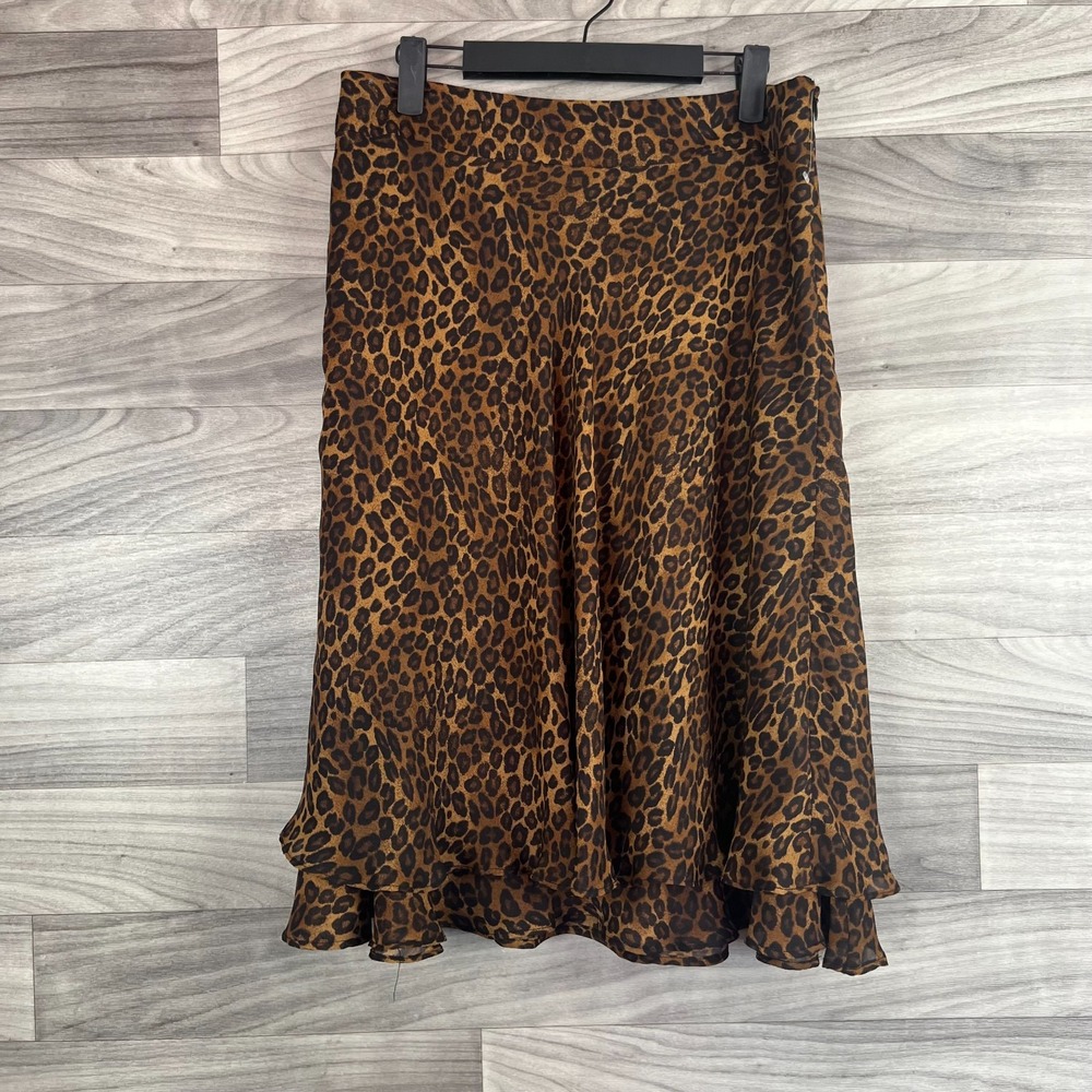 George Flowy Skirt Womens Sz‎ 6 Brown Animal Leopard Print Ruffled Side Zip Y2K
